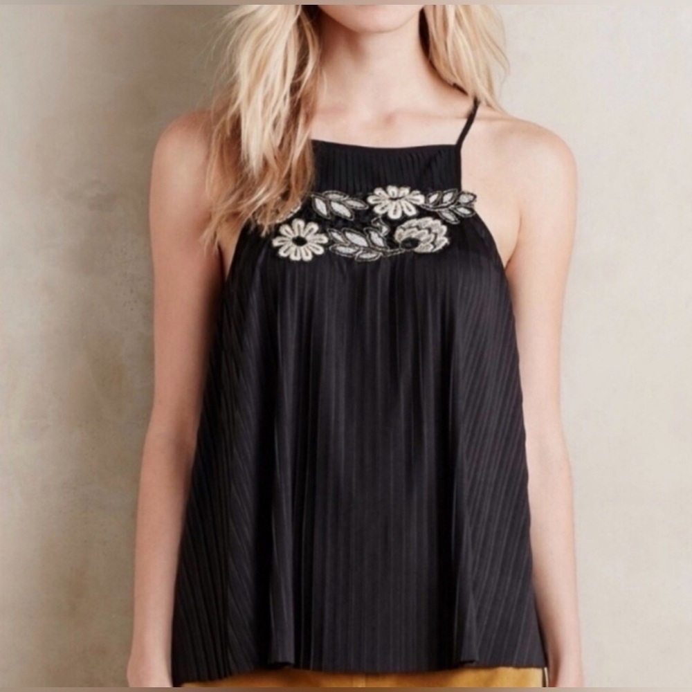 Deletta Anthropologie Black Sleeveless Top $118.00  Floral Embroidery Size XS